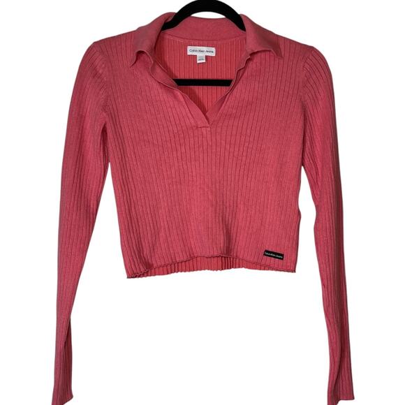 Calvin Klein Ribbed Collared Polo Cropped Sweater Pink Size Small - Picture 1 of 6
